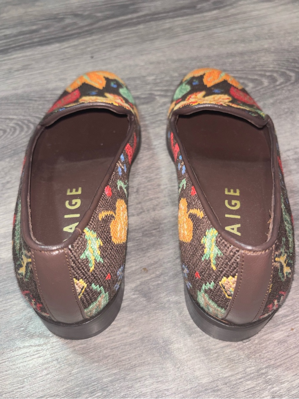 PAIGE Brown Floral Needlepoint Loafers with Yellow & Red Embroidery - Picture 5 of 5